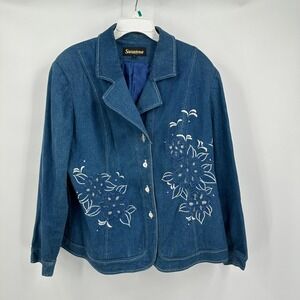 Womens Vintage Cottagecore Denim Blazer Jacket Womens Size 18 Floral Embroidered